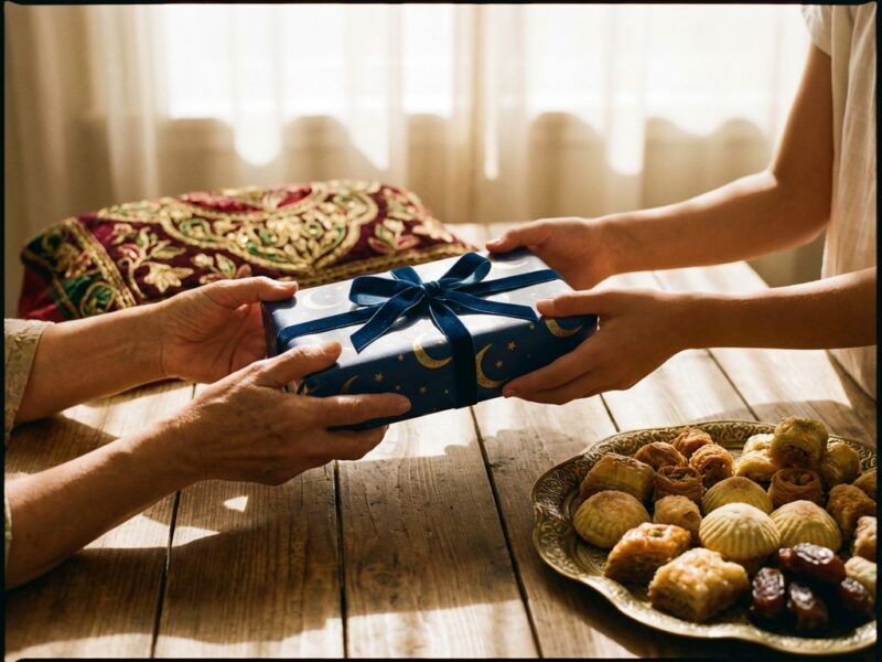 Handen presenteren Eid al-Fitr cadeau met maan-en-sterren inpakpapier naast gouden dienblad met dadels en snoep