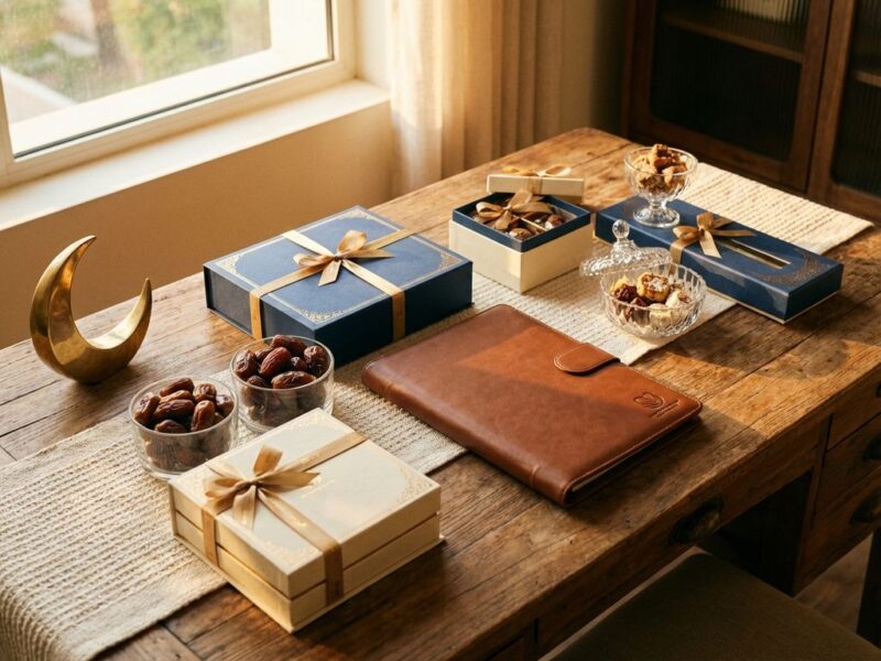Elegante zakelijke Eid-cadeaus op houten bureau met gouden linten, dadels, leren portfolio en halve maan ornament