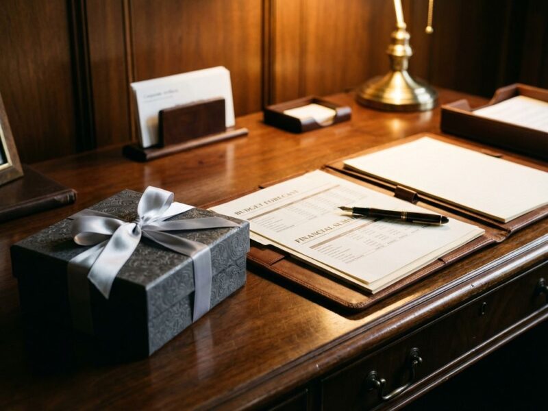 Zilveren geschenkdoos op houten bureau naast open leren portfolio met budgetdocumenten en vulpen in kantooromgeving