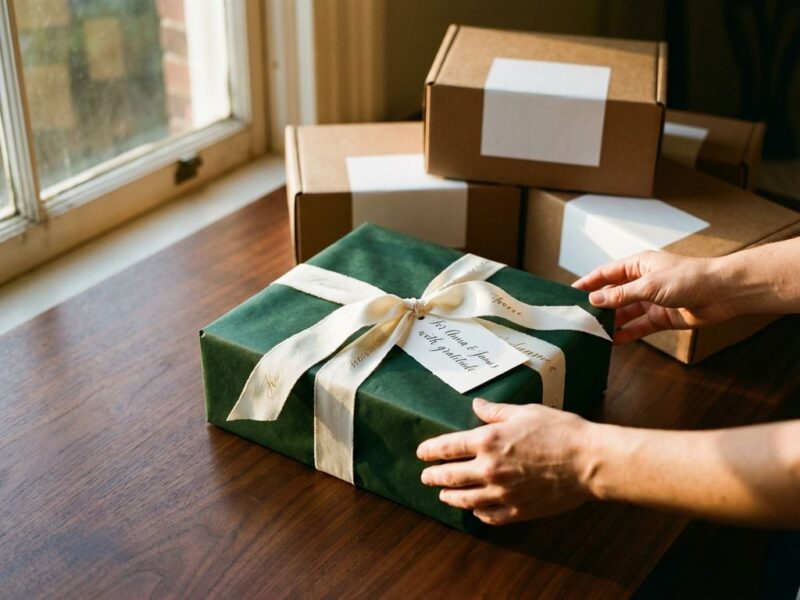 Elegant ingepakt cadeau met handgeschreven kalligrafie-label op houten tafel, omringd door zakelijke geschenken