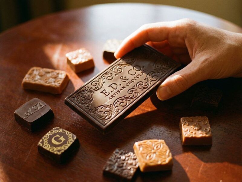 Hand houdt gegraveerde donkere chocoladereep vast omringd door gepersonaliseerde chocoladestukken op houten oppervlak