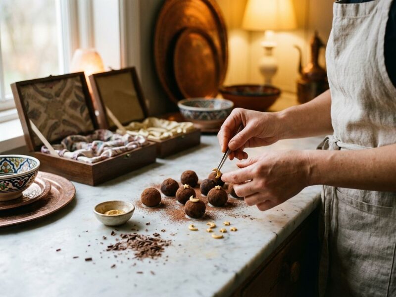 Handen die handgemaakte chocoladetruffels versieren met gouden maan- en stermotieven op marmeren aanrecht