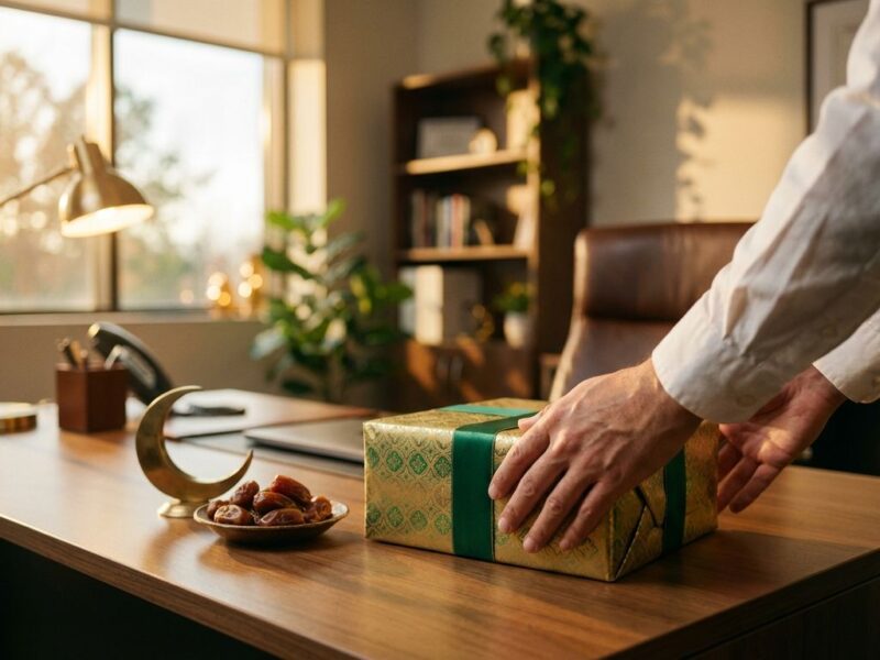 Ingepakt cadeau met islamitische patronen naast dadels en maansieraad op houten bureau in gouden licht