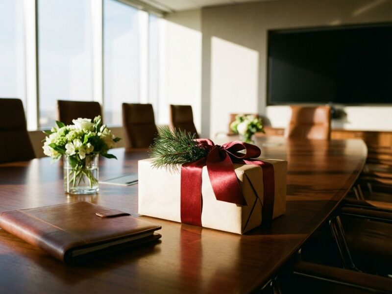Kerstcadeau met rode strik op houten vergadertafel naast leren portfolio en bloemen in kantooromgeving