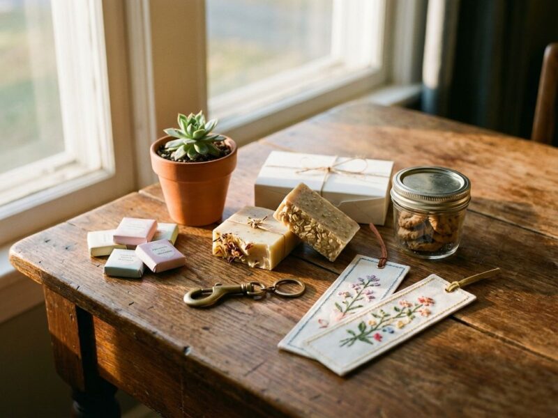 Kleine cadeautjes op houten tafel: chocolaatjes, vetplant, zeep, sleutelhanger en koekjes in gouden zonlicht