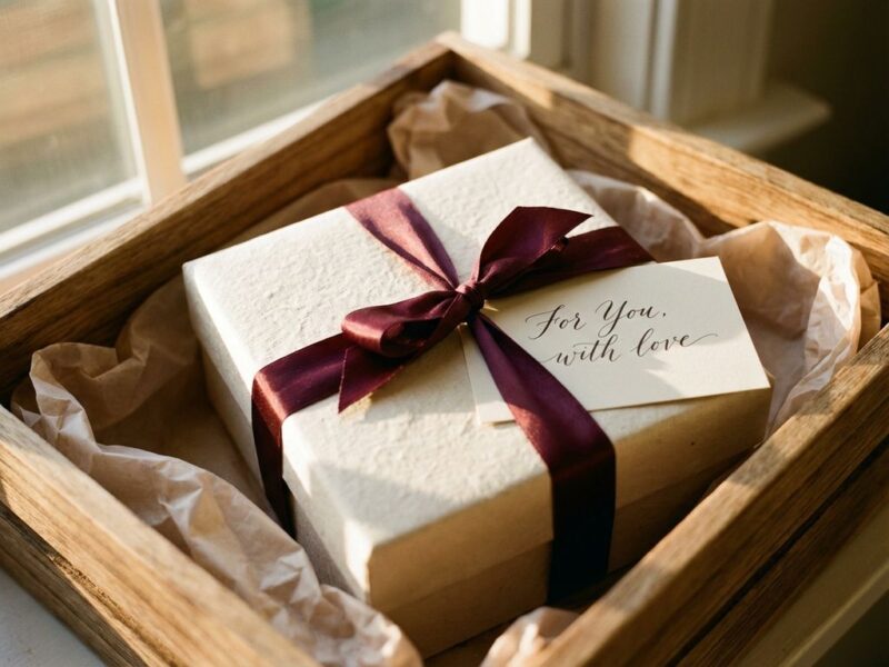 Luxe cadeaudoos met crèmekleurig papier en bordeauxrood lint in houten kist met handgeschreven kaartje