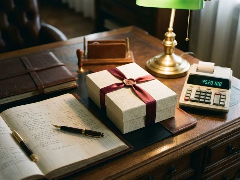 Elegant cadeaudoos op houten bureau naast opengeslagen financieel boek met vulpen en rekenmachine in warm kantoorlicht