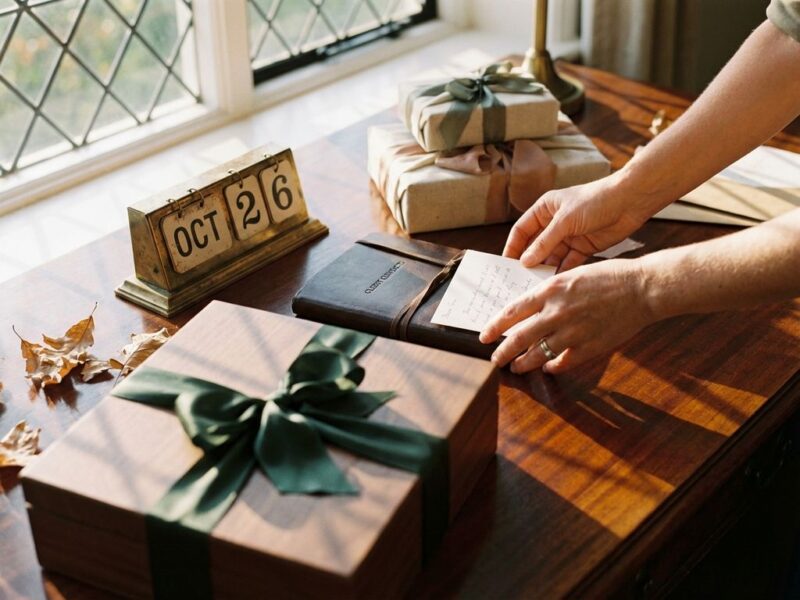 Elegante cadeaudoos met zijden lint op houten bureau naast leren contactboek, warme verlichting door raam