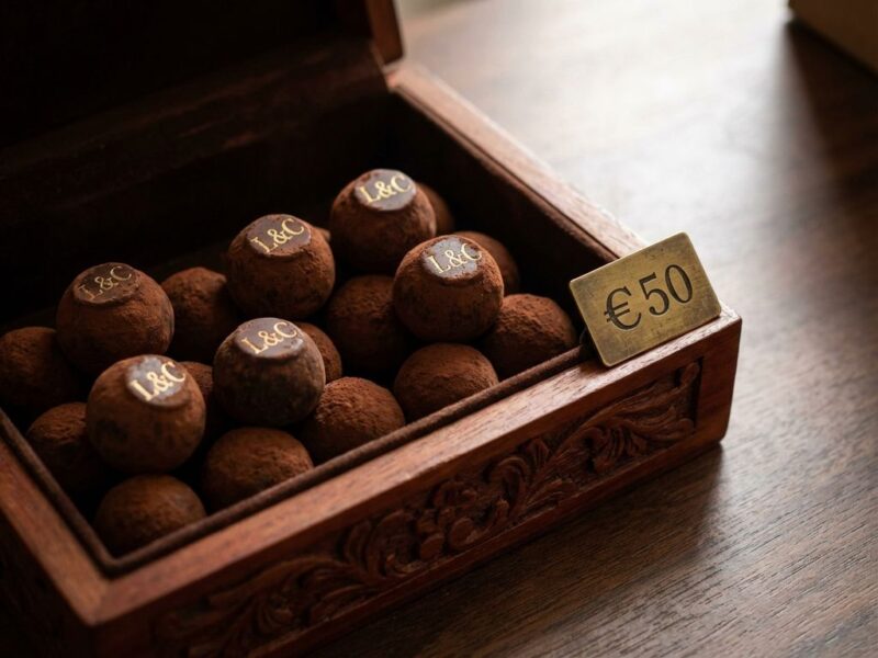 Luxe houten geschenkdoos met premium donkere chocolade truffels met gouden monogrammen en prijskaartje in euro's