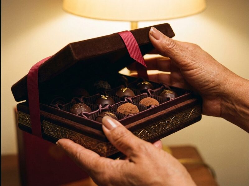 Handen presenteren luxe doos premium donkere chocoladetruffels in zijden vakjes met gouden lint