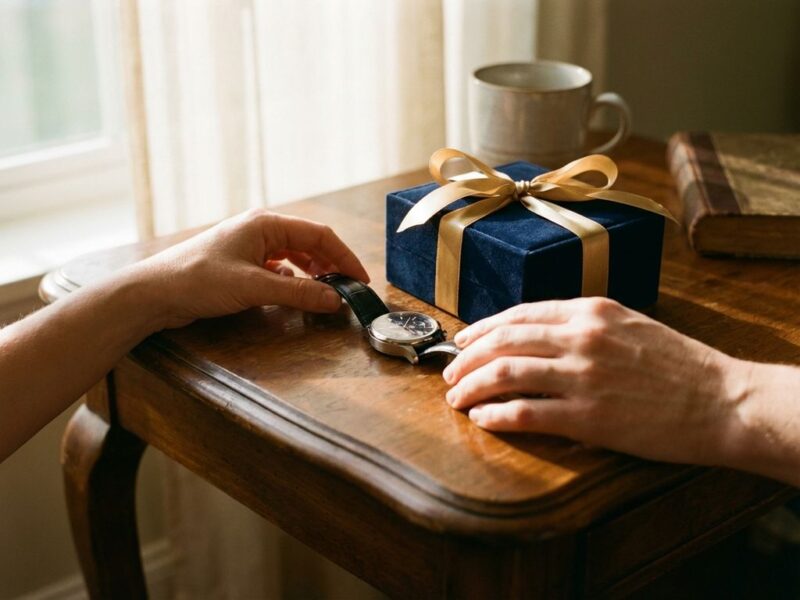 Handen plaatsen luxe horloge naast ingepakt cadeau op houten tafel in warm gouden licht