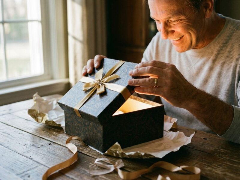 Man opent cadeaudoos met gouden licht eruit, toont vreugde en verrassing aan houten tafel met inpakpapier