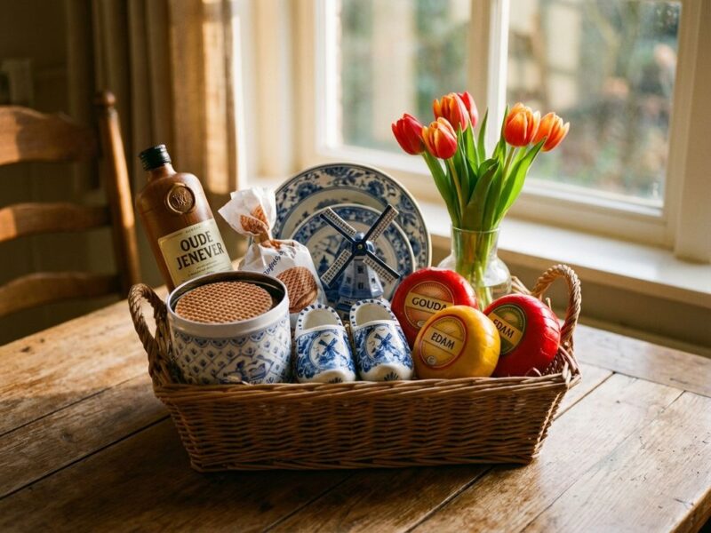 Cadeaumand met Nederlandse geschenken op houten tafel: jenever, stroopwafels, Delfts blauw, kaas en tulpen