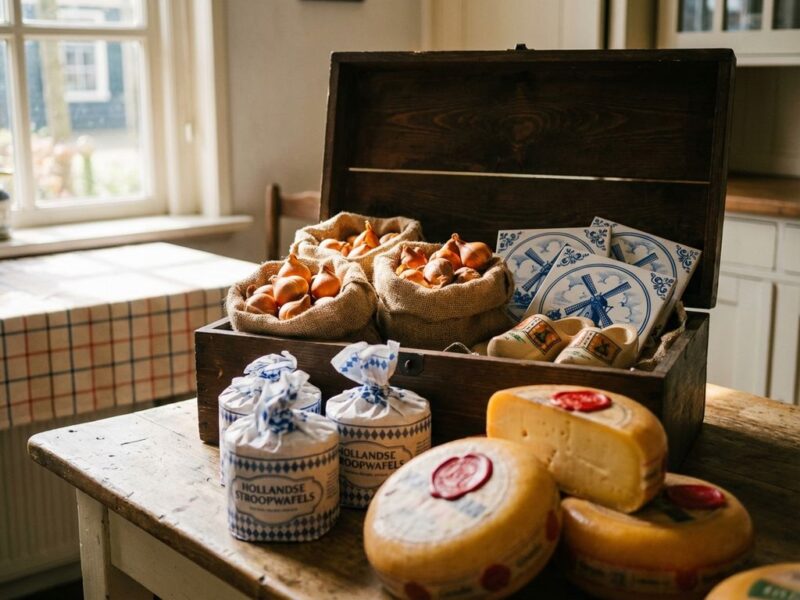 Holzgeschenkbox mit niederländischen Spezialitäten: alter Gouda-Käse, Stroopwafels, Tulpenzwiebeln und Delfter Keramik