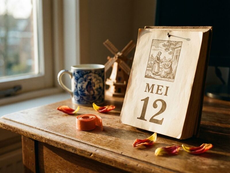 Nederlandse kalender toont 12 mei op houten bureau met tulpenblaadjes en oranje lint in warm zonlicht