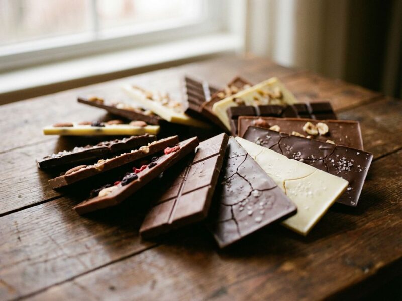 Premium chocoladerepen in melk-, pure en witte chocolade gerangschikt in waaierpatroon op houten ondergrond