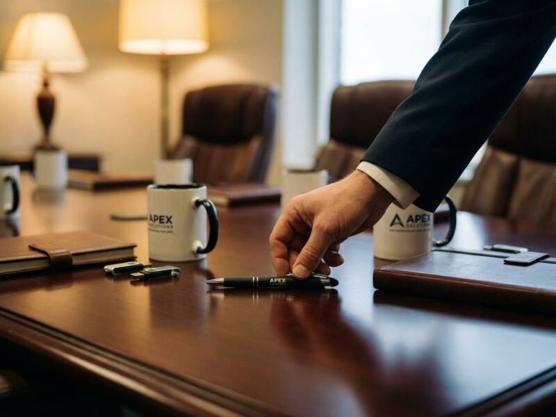 Zakenman selecteert merkpen van verzameling promotionele artikelen op mahonie conferentietafel in kantoor