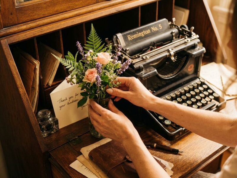 Elegante handen schikken verse bloemen naast vintage typemachine op professioneel secretaresse bureau van bovenaf gezien