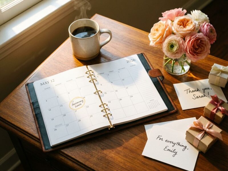 Secretaresse bureau van bovenaf met 2026 kalender, koffie, bloemen en bedankkaartjes in warm ochtendlicht
