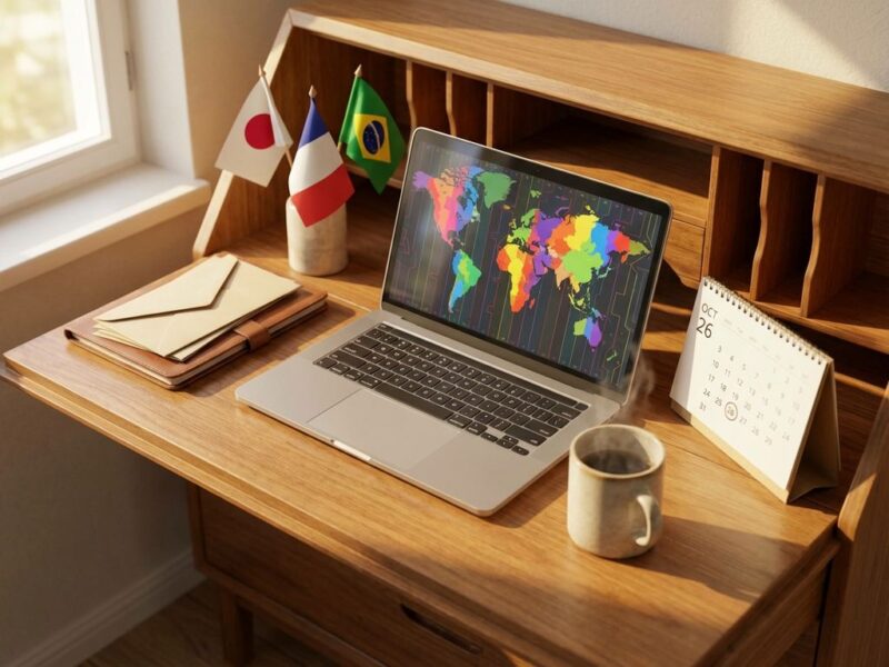 Laptop met wereldkaart en tijdzones op secretaresse bureau met internationale kantoorbenodigdheden en koffiekopje