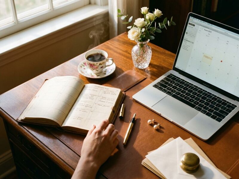 Professioneel houten bureau van bovenaf met laptop, koffie, agenda, bloemen en kantoorbenodigdheden in ochtendlicht