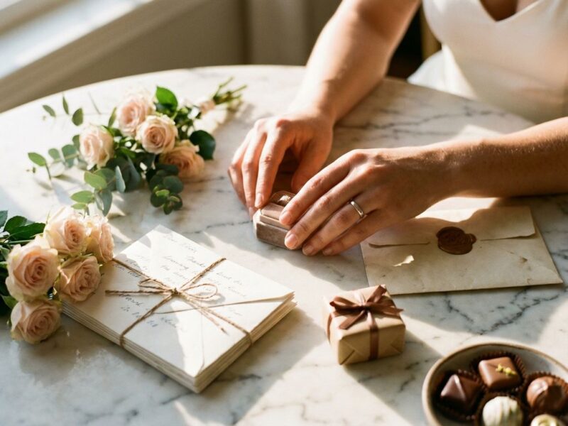 Vrouw selecteert romantische cadeaus zoals sieraden, bloemen en chocolade op marmeren oppervlak bij gouden licht