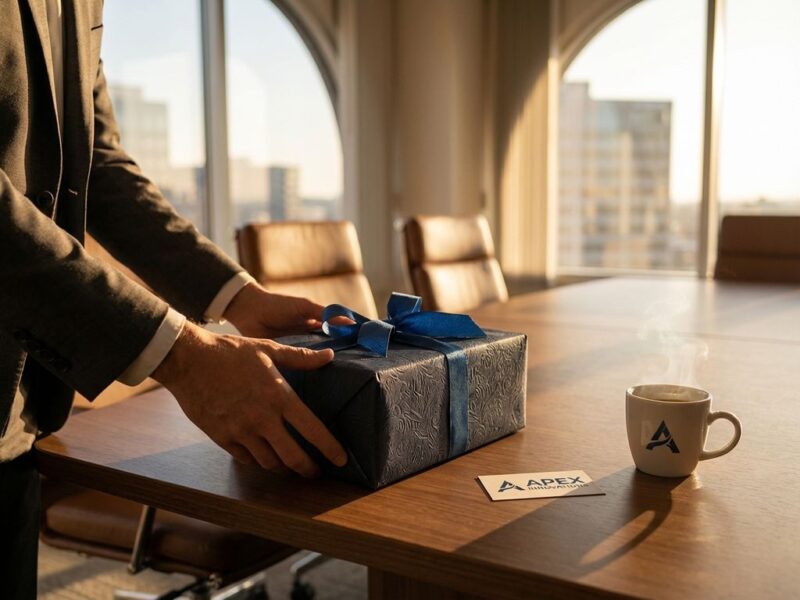Elegant ingepakte bedrijfscadeau met lint op vergadertafel, professionele handen presenteren geschenk in kantooromgeving