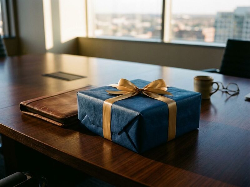 Elegant ingepakt cadeau met lint op houten vergadertafel naast leren portfolio en koffiekop in kantoor
