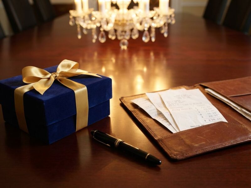 Mahonie vergadertafel met elegante geschenkdoos, leren portfolio en Mont Blanc pen in warme kantooromgeving