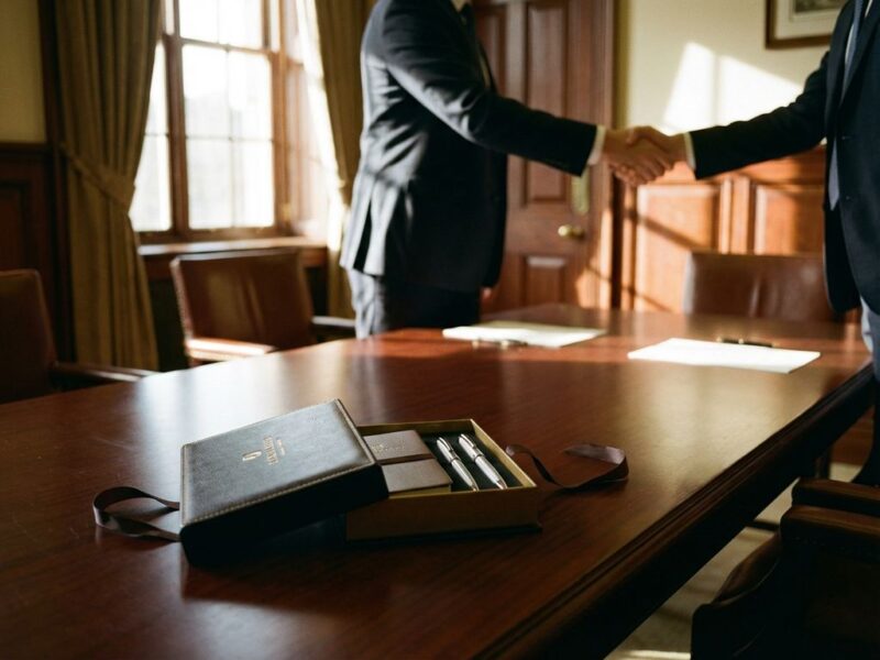 Elegante pennenset als zakelijk cadeau op mahonie vergadertafel met handdruk op achtergrond in kantooromgeving
