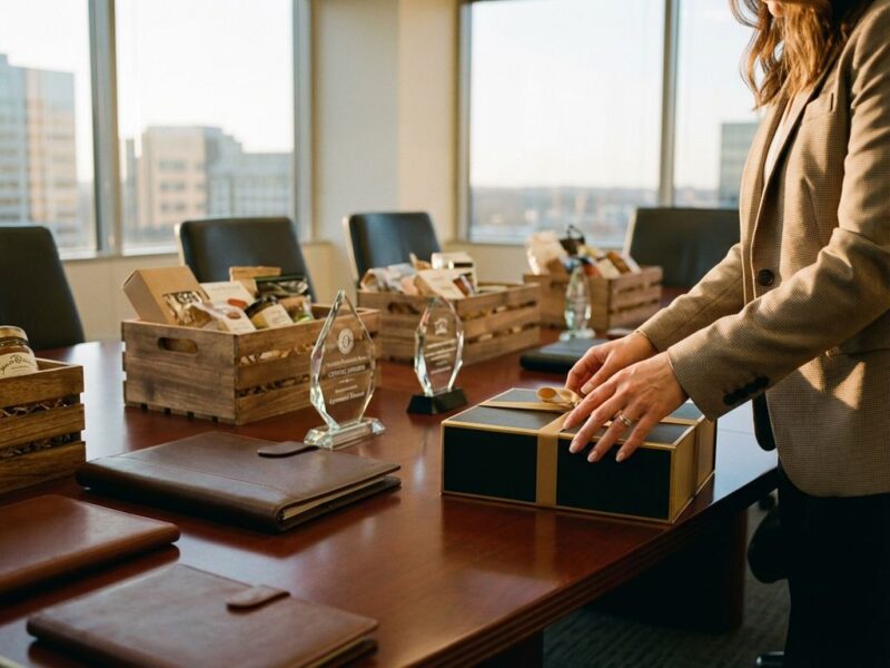 Zakenvrouw selecteert luxe geschenkdoos uit premium relatiegeschenken op mahonie tafel bij kantoorvenster