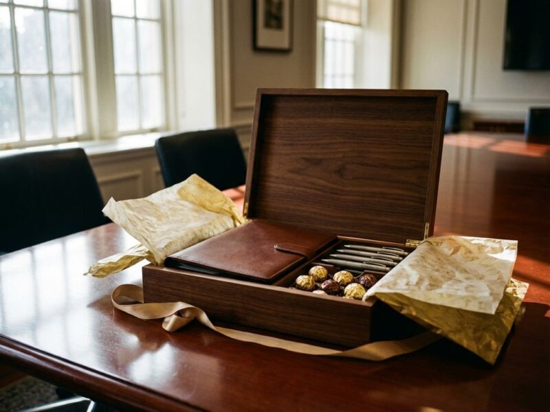 Geopende houten geschenkdoos met leren portfolio, gegraveerde pennenset en chocolade op mahonie tafel