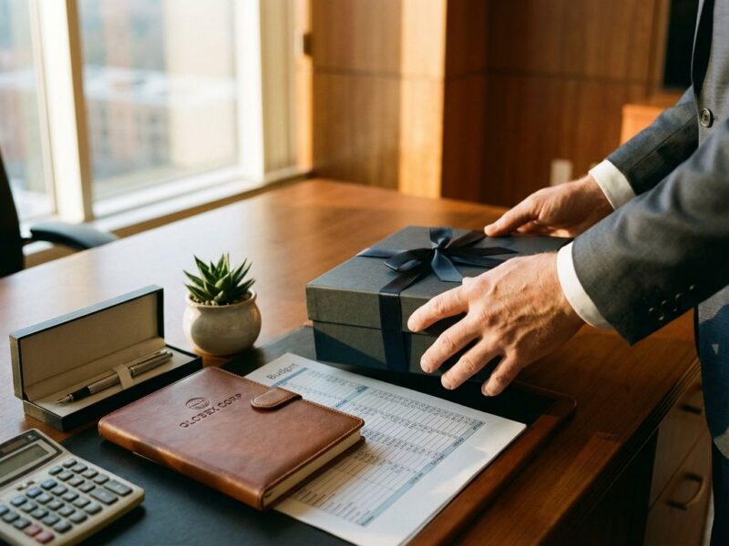 Zakenman plaatst elegant cadeau op houten bureau met luxe bedrijfsgeschenken en budget spreadsheet