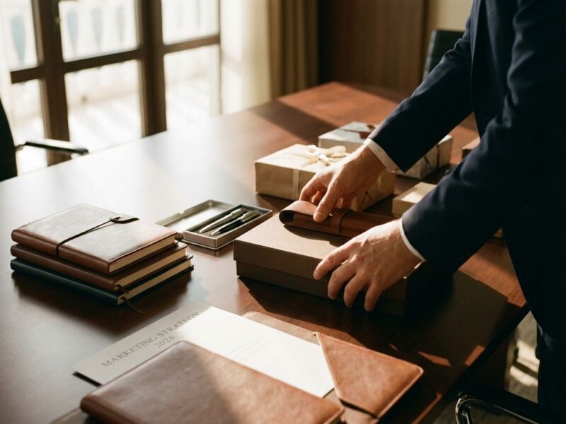 Zakenman selecteert luxe bedrijfscadeaus van leren portfolio en pennenset op houten vergadertafel in kantoor