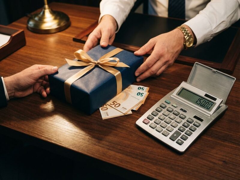 Zakenman plaatst elegant cadeau op houten bureau naast rekenmachine met eurobiljetten, kantooromgeving