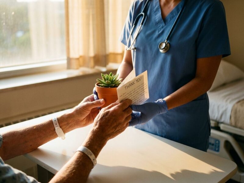 Zorgverlener in scrubs ontvangt dankkaart en plantje van patiënt bij ziekenhuisraam in warm zonlicht