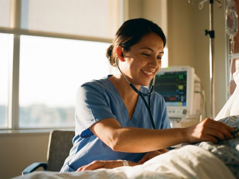 Zorgverlener in scrubs houdt stethoscoop vast naast ziekenhuisbed, ochtendlicht door ramen, professionele zorgomgeving