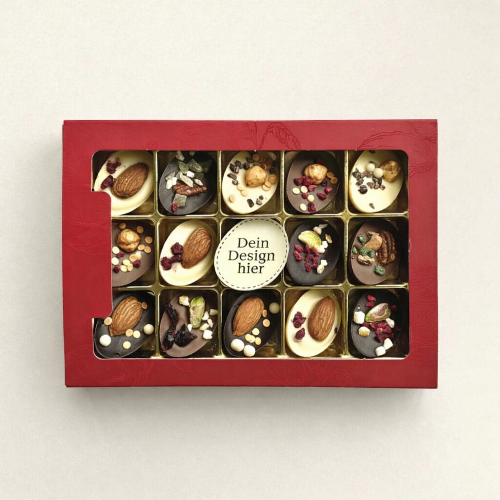 Schokoladen-Ostereier mit Früchten und Nüssen und Ihrem eigenen Logo oder Foto