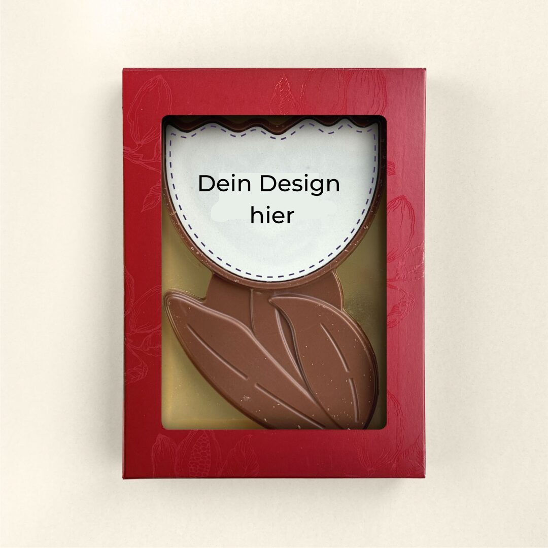 Personalisieren Sie eine Schokoladenblume aus Milchschokolade mit Ihrem eigenen Design, Logo oder Foto auf Marzipan als Geschenk für Familie, Mitarbeiter oder Geschäftspartner. Tasty Present – personalisierte Schokolade und Süßigkeiten
