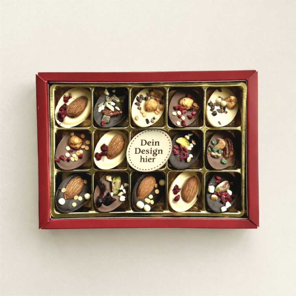 Schokoladen-Ostereier mit Früchten und Nüssen und Ihrem eigenen Logo oder Foto