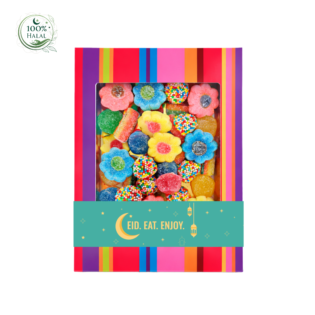 100% HALAL snoepdoosje met gemend HALAL snoep geschikt voor Suikerfeest geschenk. Tasty Present - Gepersonaliseerde chololade en zoetwaren