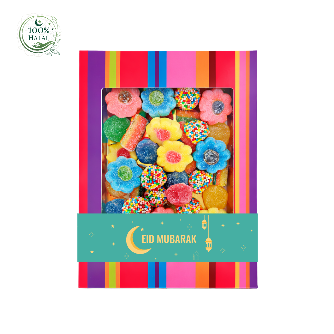 100% HALAL snoepdoosje met gemend HALAL snoep geschikt voor Suikerfeest geschenk. Tasty Present - Gepersonaliseerde chololade en zoetwaren