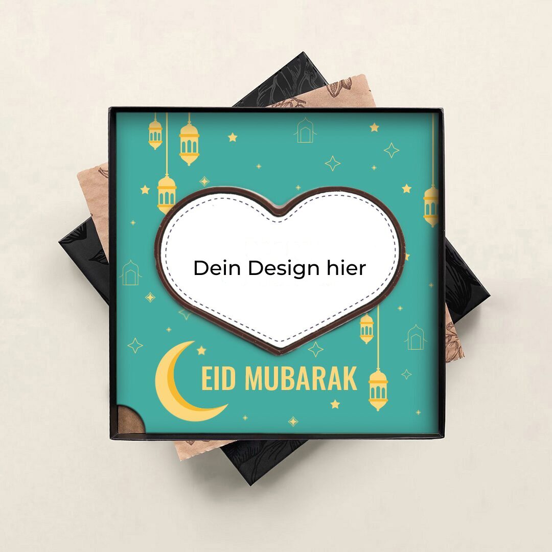 Halal-Schokolade zum Personalisieren Schokoladenherz für das Zuckerfest Eid Mubarak . Tasty Present – personalisierte Schokolade und Süßwaren