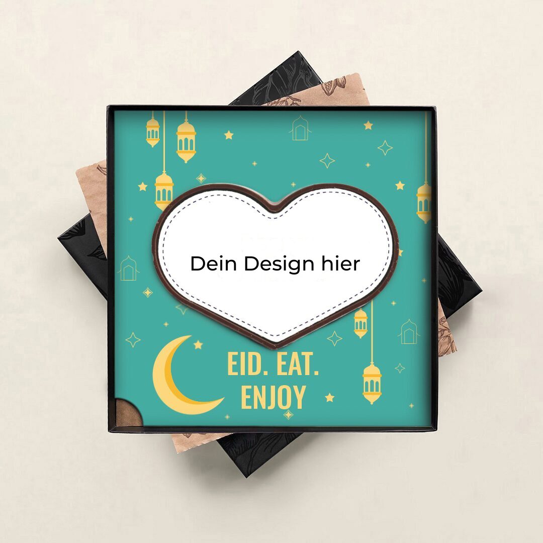 Halal-Schokolade zum Personalisieren Schokoladenherz für das Zuckerfest Eid Mubarak . Tasty Present – personalisierte Schokolade und Süßwaren