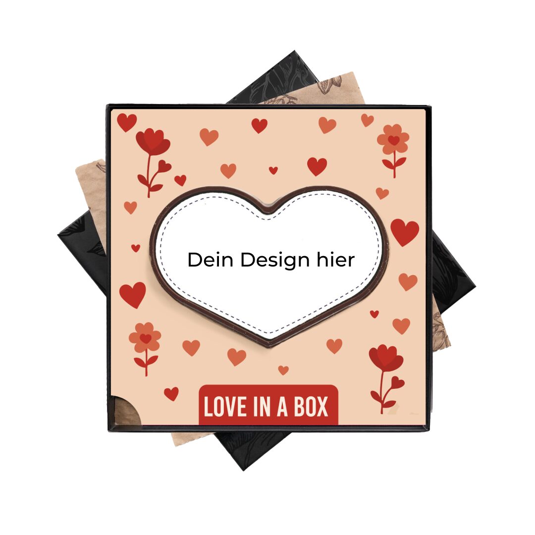 Großes Milchschokoladenherz mit eigenem Design, Logo oder Foto in einer Geschenkbox – als Geschenk zum Valentinstag, Muttertag, Vatertag oder zum Tag der Pflege für den Partner, die Familie oder Geschäftspartner. Tasty Present – personalisierte Schokolade und Süßigkeiten