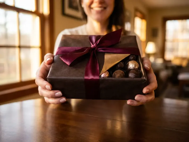 Elegante handen bieden luxe doos artisanale chocolaatjes aan met zijden lint op houten tafel in warm licht