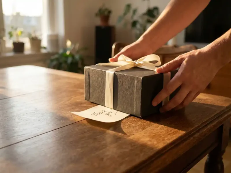 Handen plaatsen elegante doos ambachtelijke chocolade met crème lint op houten tafel met dankjewel briefje