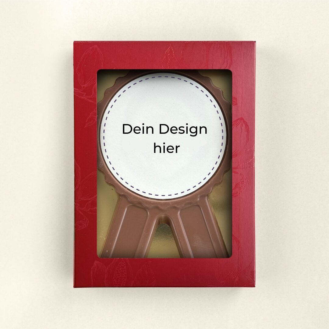 Milchschokoladenmedaille mit eigenem Foto oder Motiv auf Marzipan in einer roten Geschenkbox als personalisiertes Geschenk für Mitarbeiter, Familie oder Geschäftspartner. Tasty Present – personalisierte Schokolade und Süßigkeiten