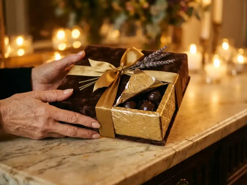 Elegante handen presenteren luxe chocolade cadeaubox met zijden lint op marmeren oppervlak