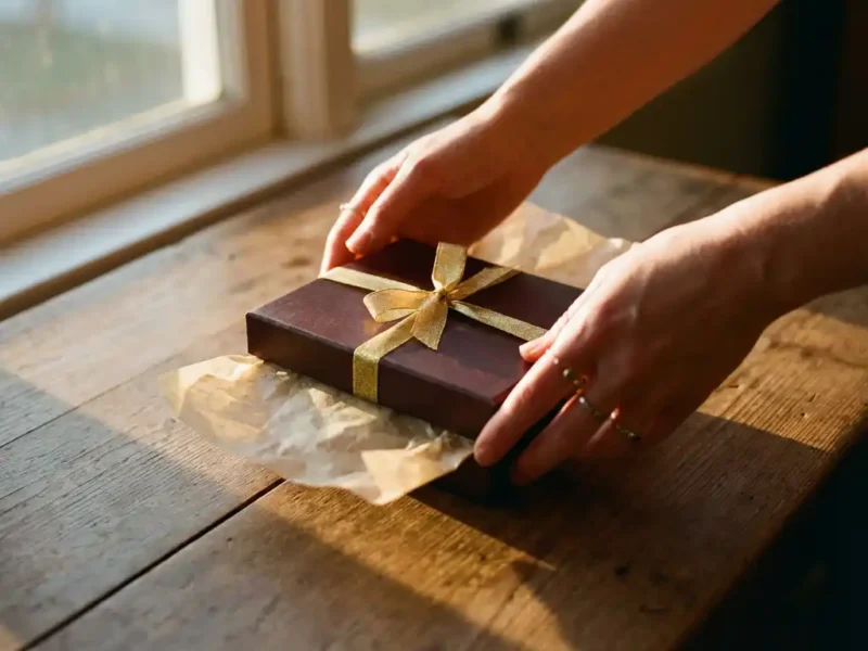 Elegante handen plaatsen luxe donkere chocolade geschenkdoos met gouden lint op houten tafel in warm zonlicht